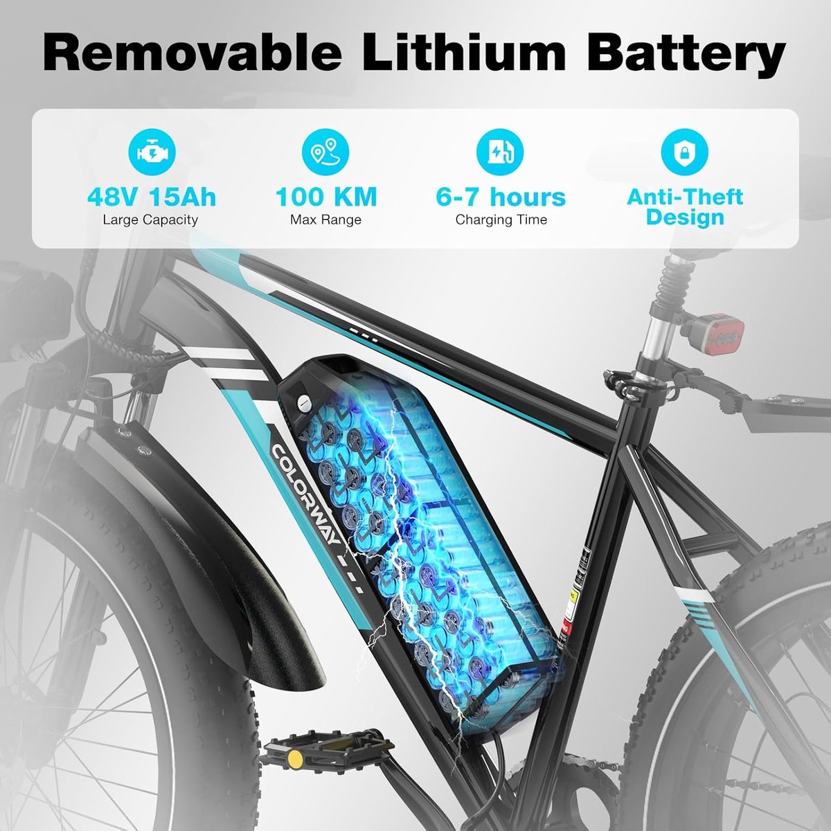 COLORWAY Elektrische Fiets BK15 - 26*4.0 Inch Mountain EBike met Afneembare 48V 15Ah Lithium Batterij - City Commuter E-Bike met 250W Motor - 7 Versnellingen - IP54 Waterdicht – foto 2