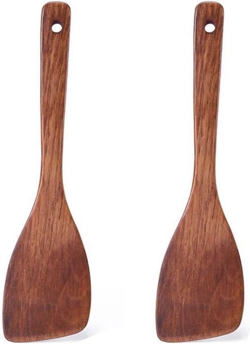 Houten Koken Spatel - Lange Greep Keukenspatel van Hardhout, 33 x 8 cm, 2 Stuks