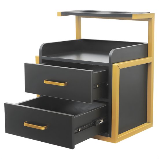 Zwarte wandkast met goudkleurig frame, twee open lades met gouden handgrepen.