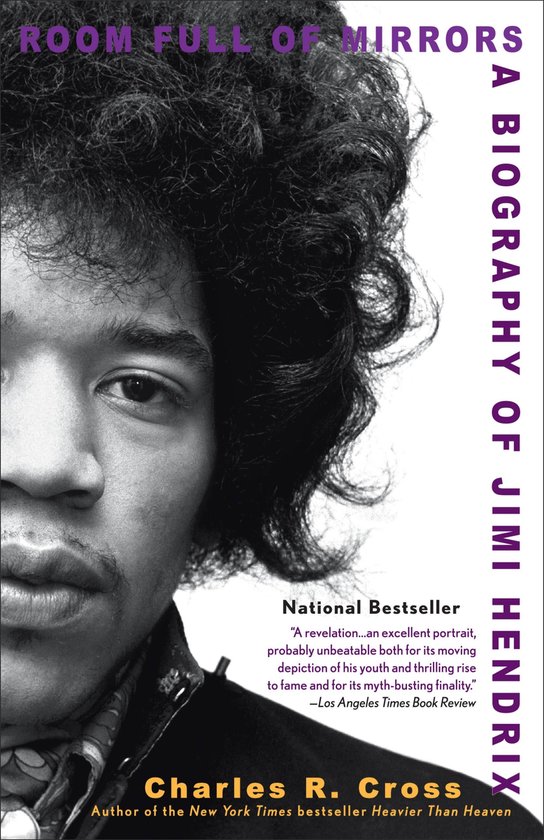 Boek: Room Full of Mirrors, A Biography of Jimi Hendrix door Charles R. Cross. Close-up van Jimi Hendrix met tekst. National Bestseller.