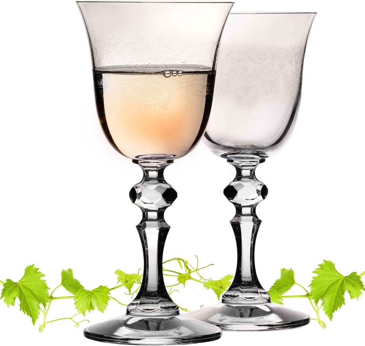 Set van 2 Witte Wijnglazen 150 ml Kristalglas Vintage Stijl met Ornamenten