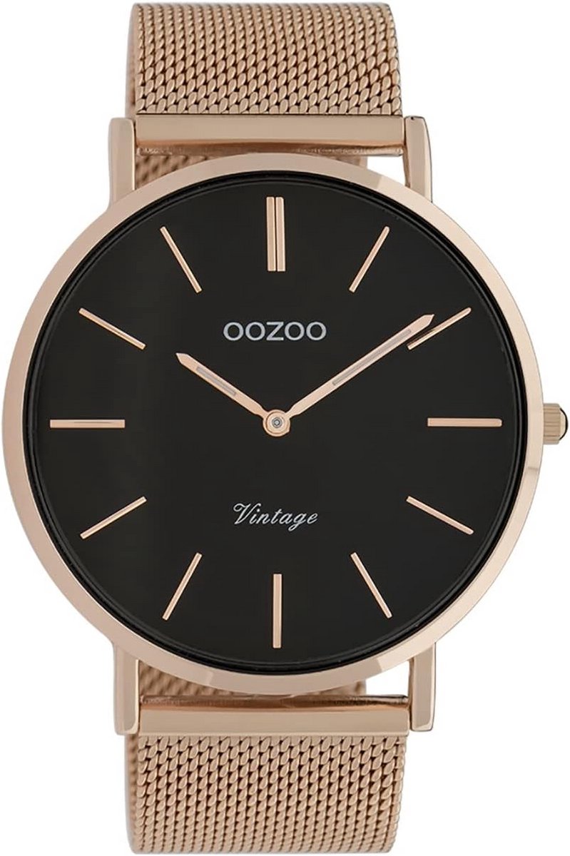 Herenhorloge Roségoud Zwart 44mm RVS Milanese Armband Analoge Quartz Tijdklok