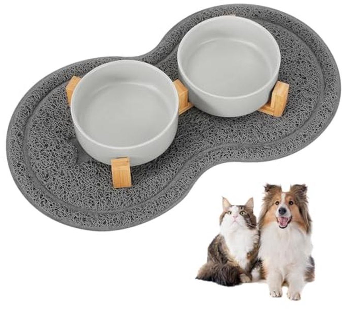 Hondenvoerkom Set van 2 - Hoogteinstelbare Keramische Kommen met Bamboo Houder en Antislipmat - 400 ml Geschikt voor Middelgrote en Kleine Honden - Grijs