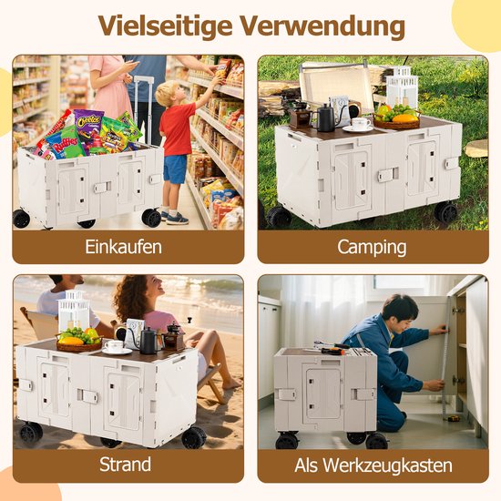 COSTWAY Bolderkar, opvouwbaar, handwagen met tafelblad, 2 opbergkisten, verstelbare handgreep en bekerhouders, 150 l, tuinwagen tot 60 kg belastbaar, transportwagen voor camping, wit van Merkloos — afbeelding 5