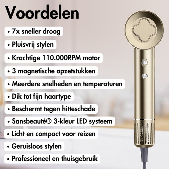Sansbeauté® Föhn met Diffuser - Krullen - 110.000RPM - Ionische Haardroger met Borstel - 3 Standen - 3 Opzetstukken - Reisföhn - Sèche Cheveux - Krul Feun Set - Haarföhn met Defuser - Hair Blow Dryer - Kappersfohn - 2000W