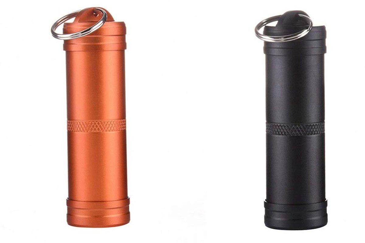 Pillendoos, sleutelhanger, 3 kleuren, mini-capsule, pillendoos, metaal, pillendoos, tablettenbox, pillendoos, sleutelhanger, mini, waterdicht, van aluminium, oranje + zwart