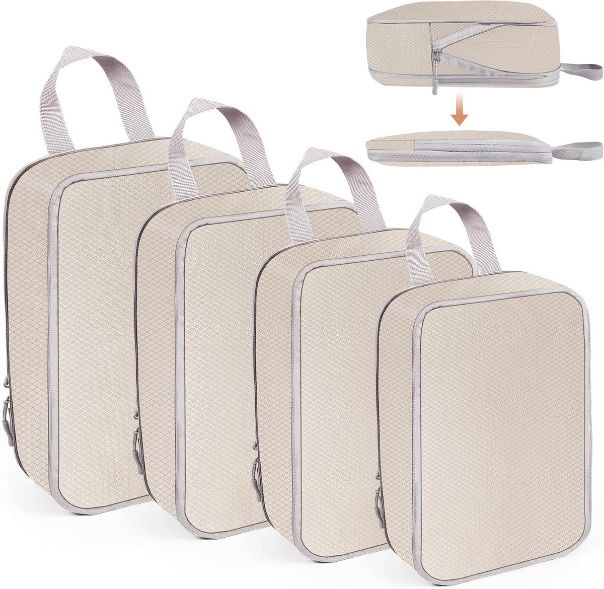 Stunq® Set van 4 Koffer Organisatoren - Opbergcubes voor Efficiënte Inpak, Waterdicht en Duurzaam Materiaal - Ideaal voor Kledingopslag en Organisatie (Beige)