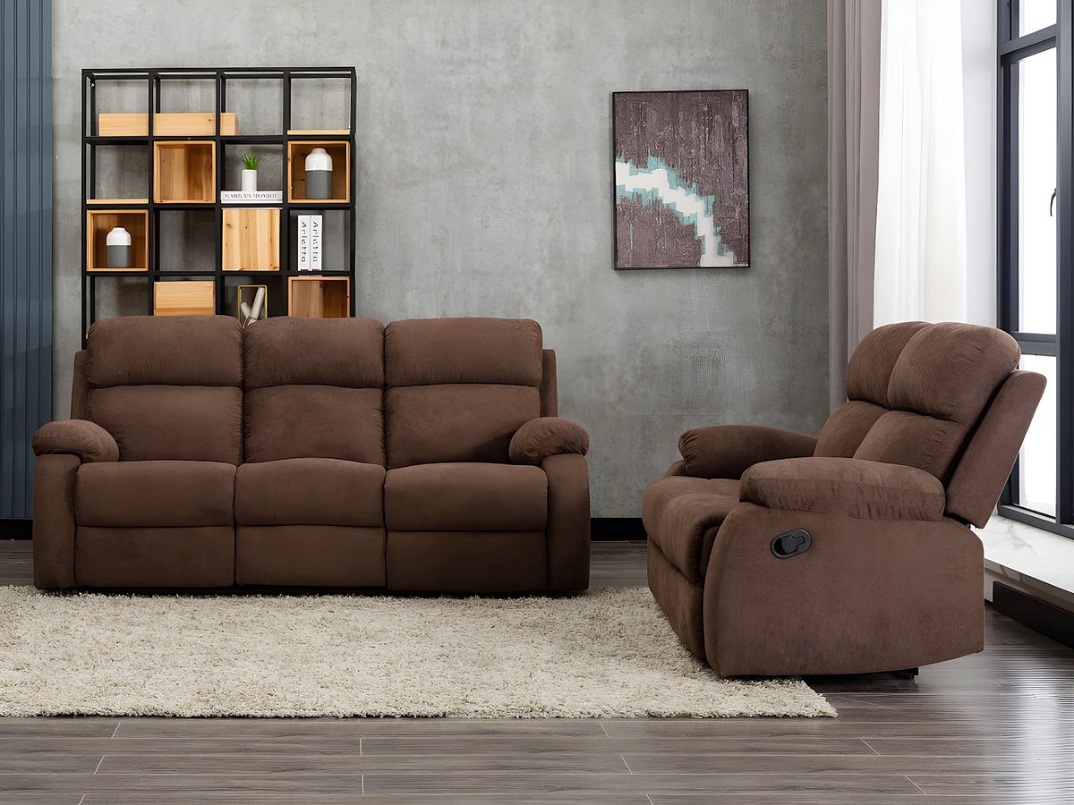 Vente-unique Relaxzitbank 3 + 2 plaatsen van stof met handmatig mechanisme TOLZANO - Donkerbruin