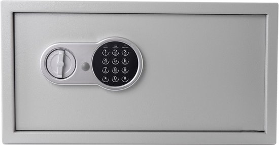 Grijze kluis met een digitaal slot met cijfertoetsen en indicatielampjes (READY, LOW BATTERY, PROCEED).