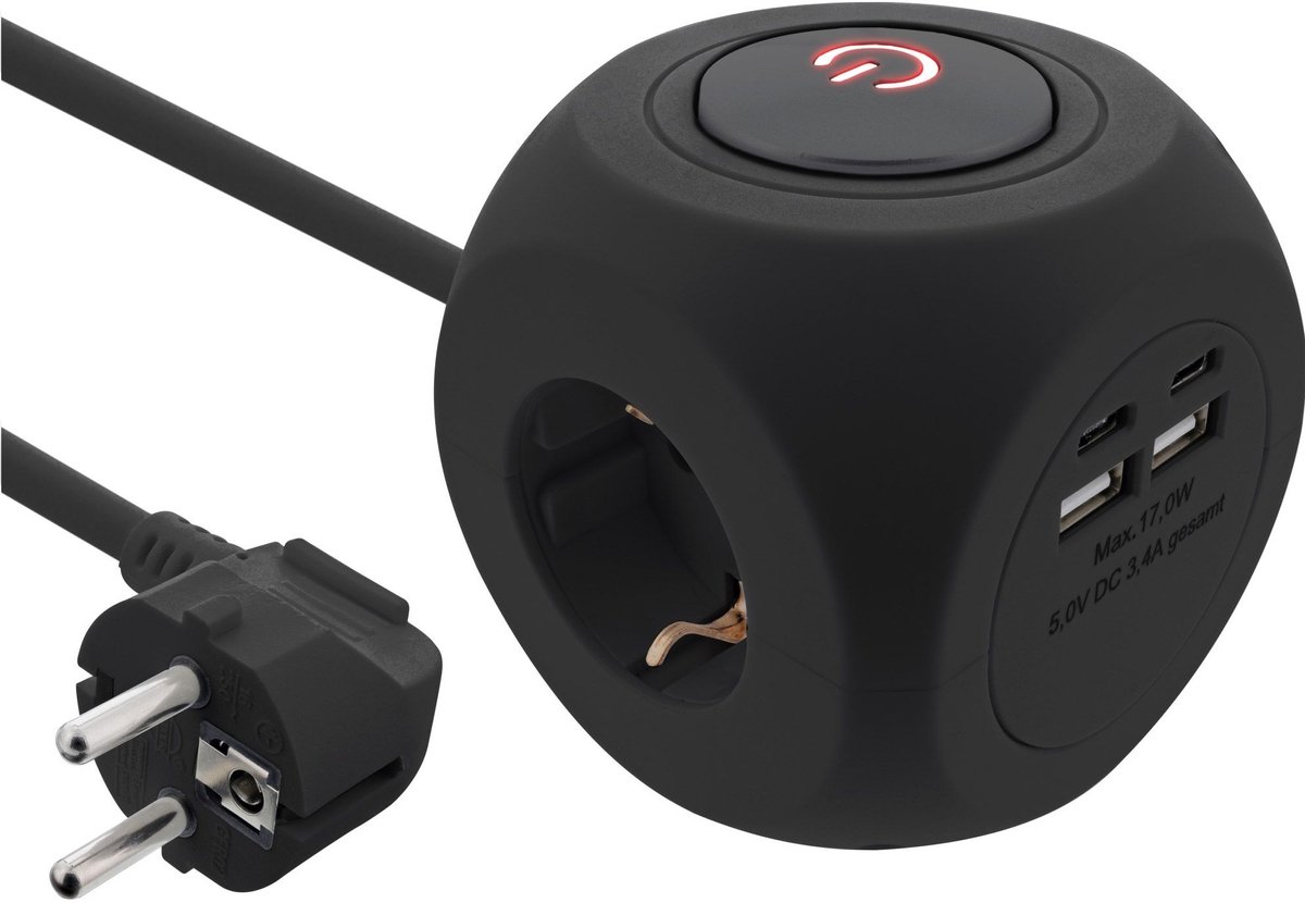 InLine stekkerdoos | 3 contacten | USB-A + USB-C | zwart | 2 meter