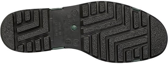 Zool van een groene Dunlop regenlaars met diep profiel en 'Made in Portugal'.