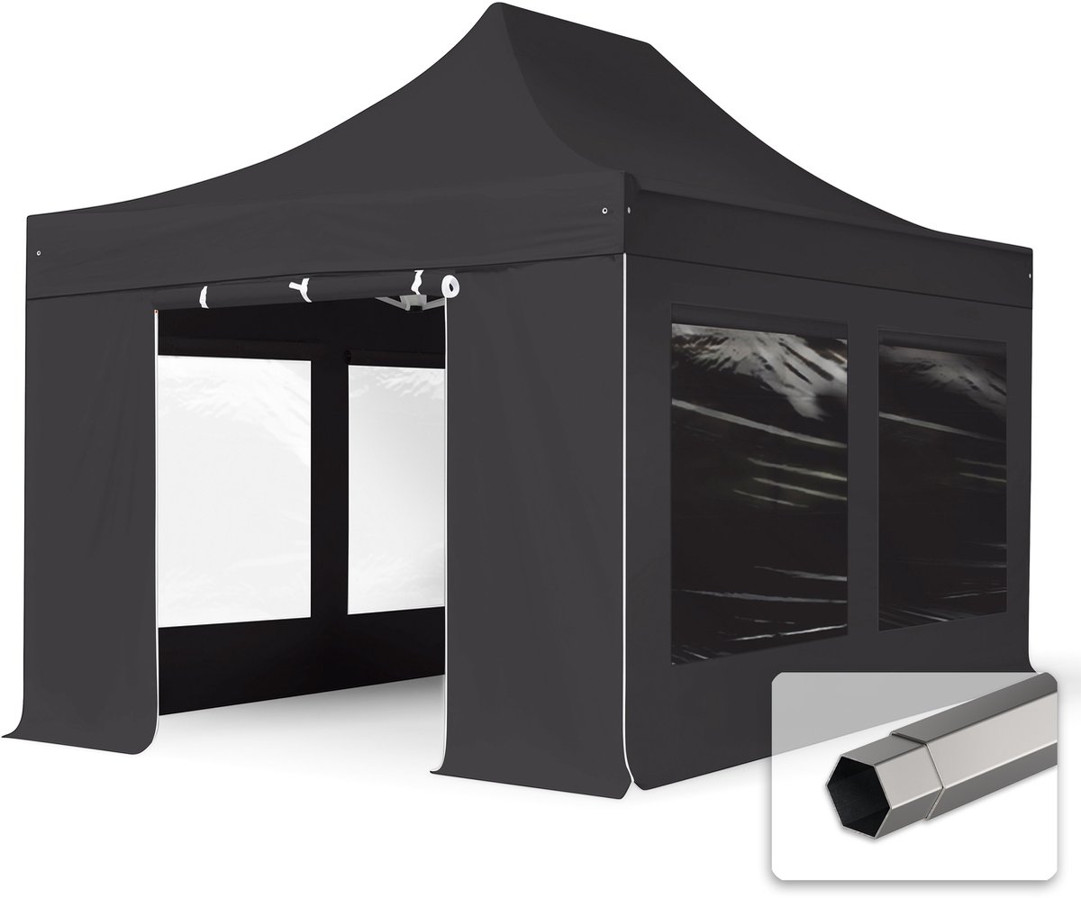 3x4,5 m Easy Up partytent Vouwpaviljoen PVC brandvertragend met zijwanden (2 panorama), PREMIUM staal 40mm, zwart