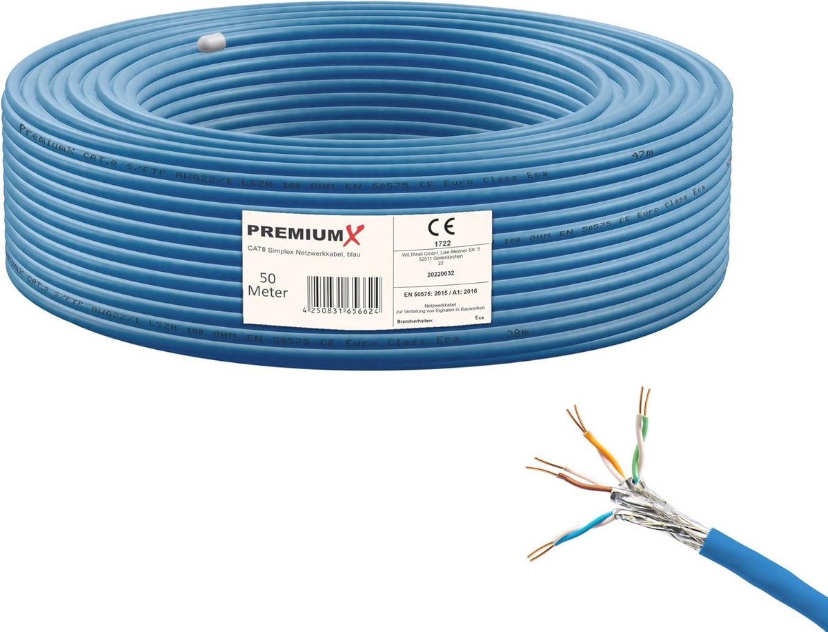 CAT 8 Netwerkkabel 50 m - LAN Ethernet Kabel tot 40 Gbps - Pure Koper S/FTP - Hoge Snelheid Gegevensoverdracht