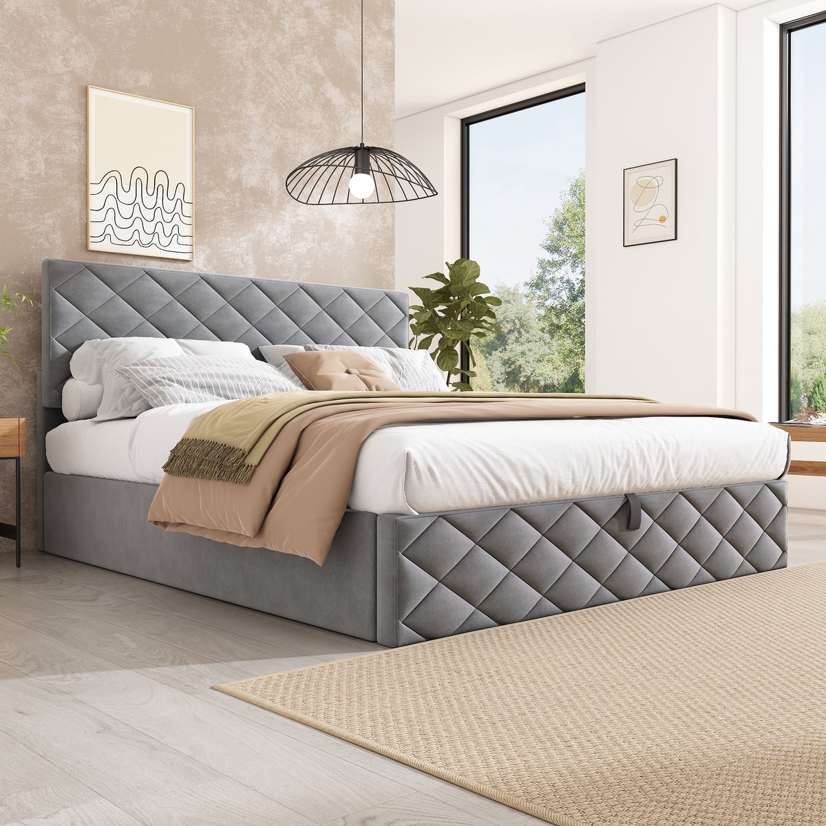 REDOM Bedframe 140x200 cm, gestoffeerd in grijs van velours, met hydraulische lift en opbergruimte