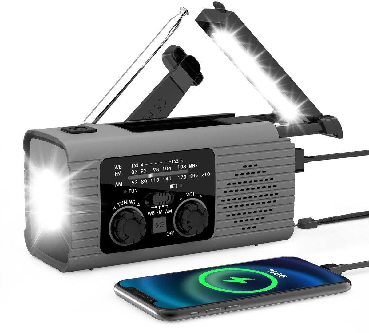 Draagbare radio - Noodradio - Noodradio solar opwindbaar - Opwindbare radio - Multifunctionele noodradio - 2000 mAh - Zaklamp - Grijs - ABS