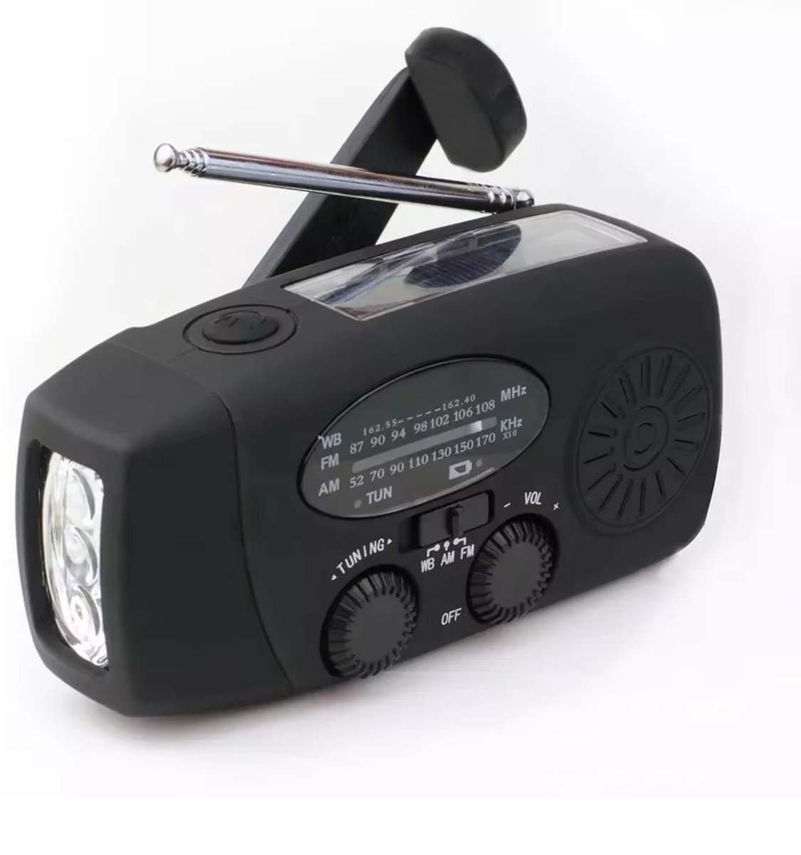 Draagbare radio - Noodradio - opwindbare radio - Zaklamp - Radio op zonne-energie - 2000 mAh - Kunststof - Zwart