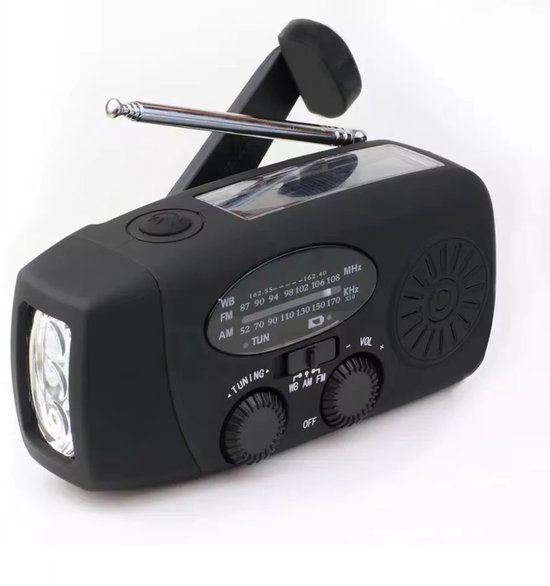 Draagbare radio - Noodradio - opwindbare radio - Zaklamp - Radio op zonne-energie - 2000 mAh - Kunststof - Zwart
