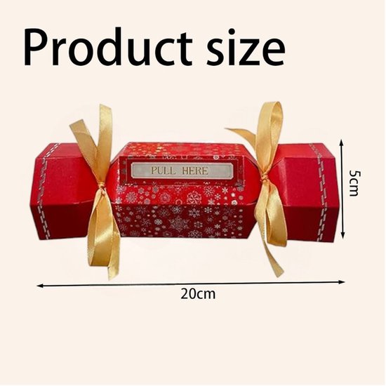 Rood kerstcadeaudoosje met sneeuwvlokkenpatroon, gouden linten en 'PULL HERE'-label, afmetingen 20cm bij 5cm.