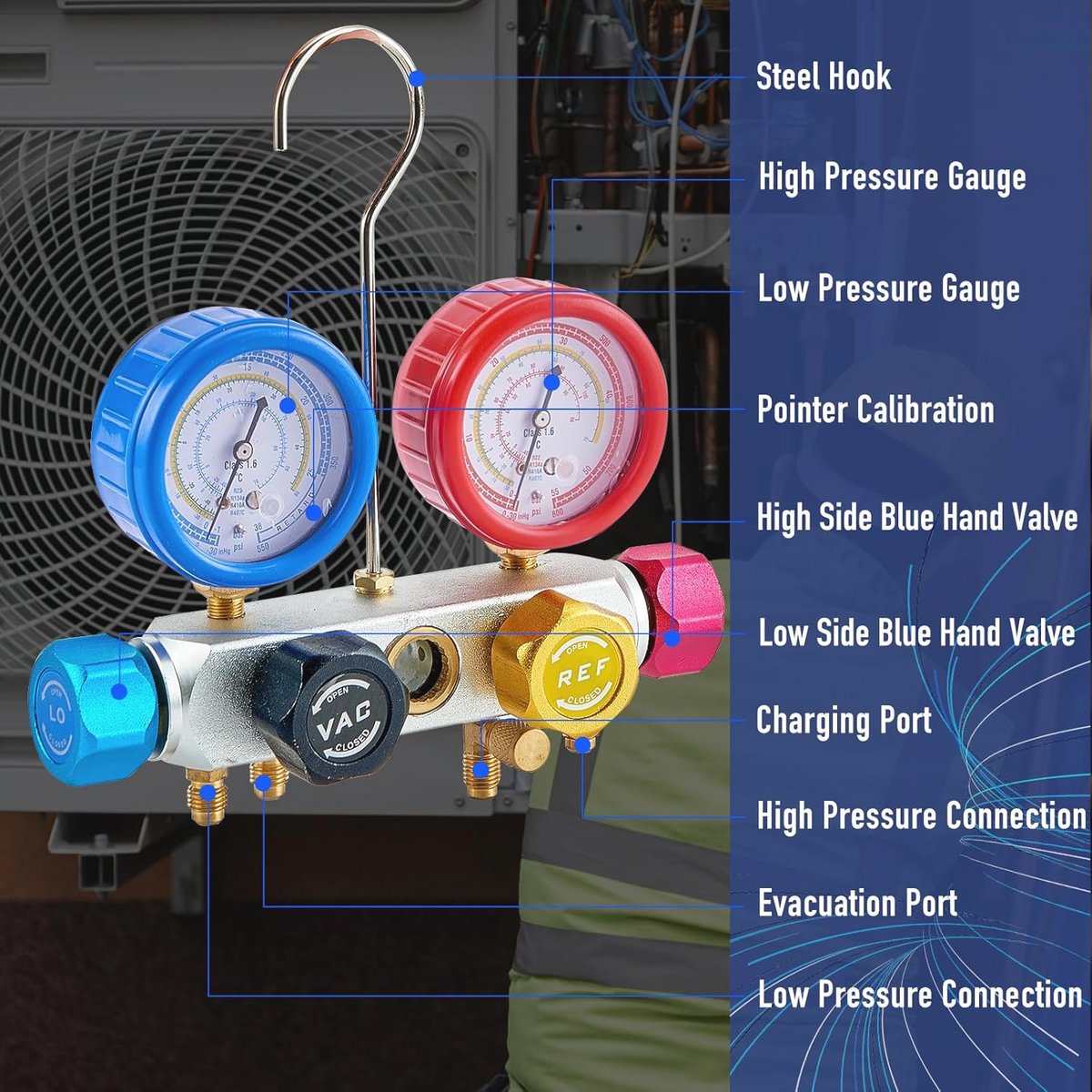 Professionele vacuümpomp en manometerset voor HVAC - Diagnostische set voor R22, R134a en R410A