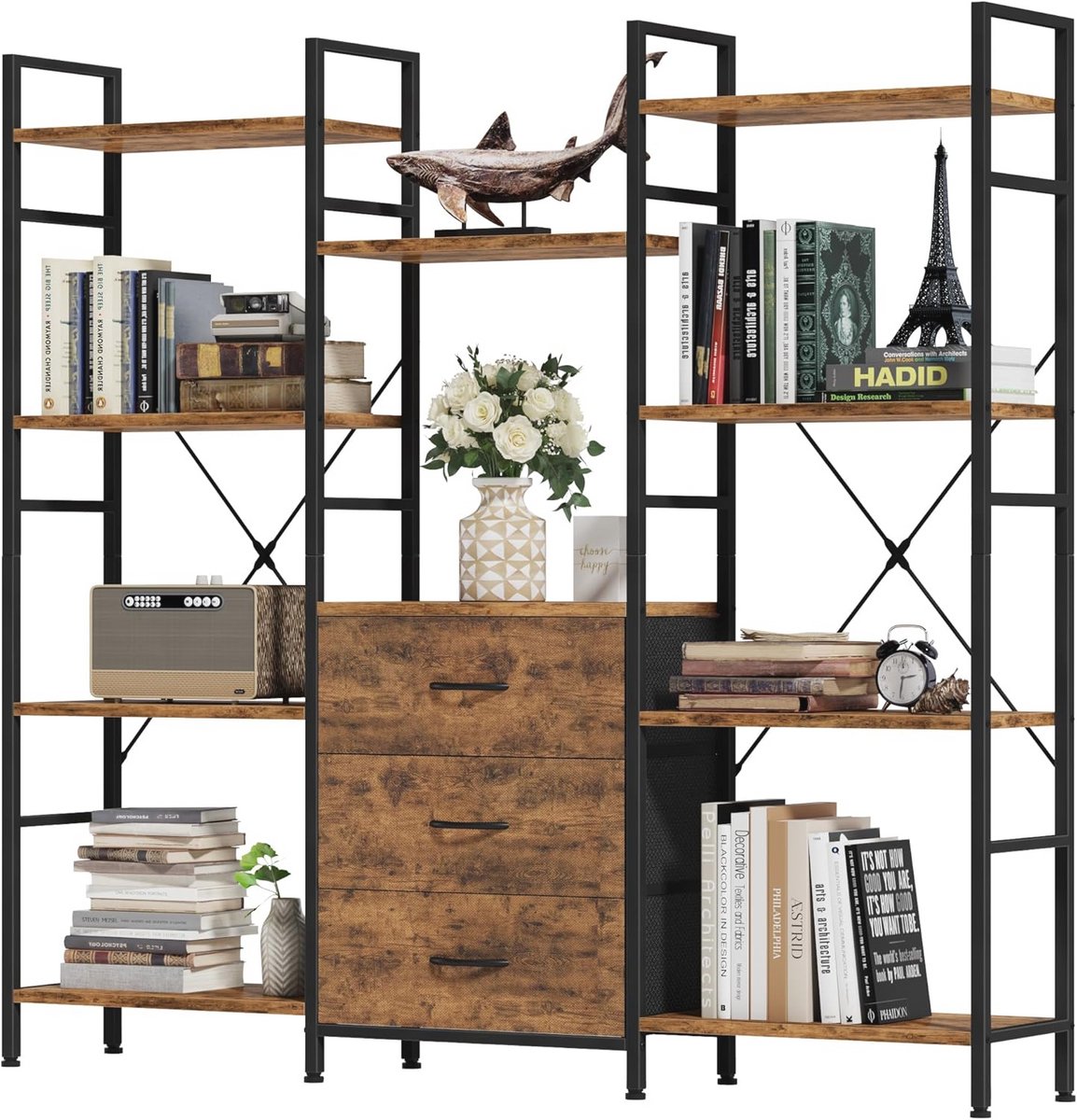 Boekenkast met 4 stoffen lades en staande plank voor woonkamer, kantoor en balkon