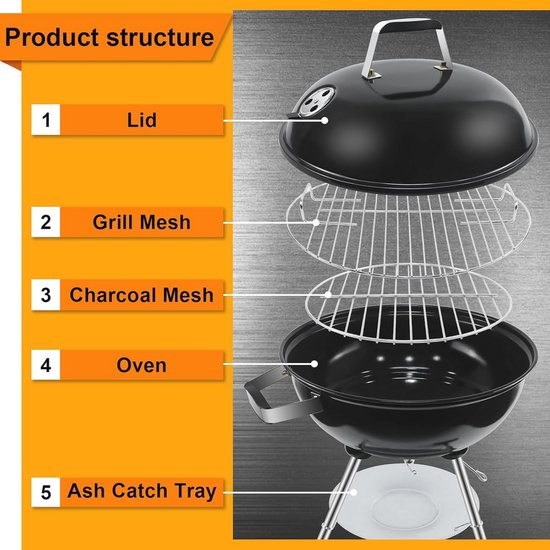 TLSUNNY Kogelbarbecue 57 Cm – Houtskoolgrill Met Geëmailleerd Deksel, 55 Cm Rooster, Hoogte 95 Cm – Inclusief Aslade, Wielen En Driepoot (9,2 Kg)