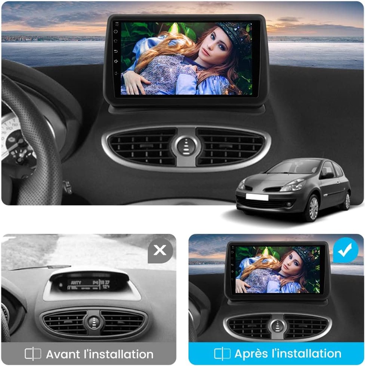 Autoradio-4 + 64G Auto Stereo voor Renault Clio 3 2005-2014 met CarPlay Android Auto GPS Navigatie Android 15 9in Touchscreen Auto Radio met Bluetooth Wifi FM SWC Spiegel Link + AHD Backup Camera