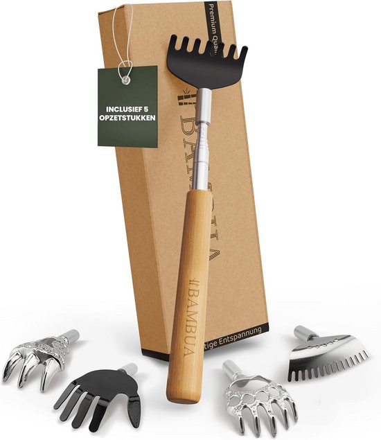 Gratte-dos extensible avec manche en Bamboe et 5 embouts - Perfect pour la Détente et le bien-être