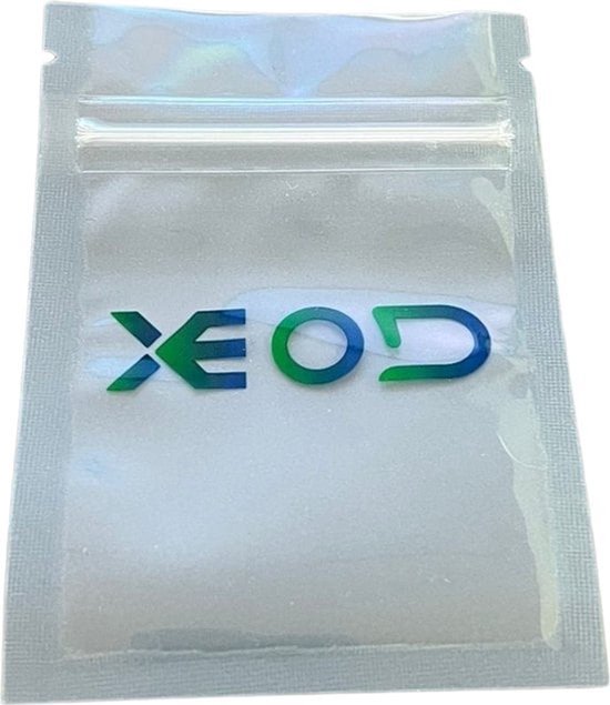 Doorzichtige plastic verpakking met het blauw-groene XEOD logo.