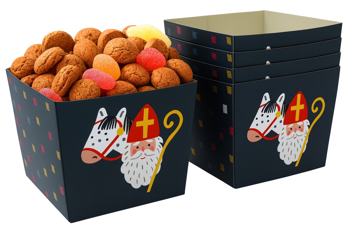 Set van 12 Kartonnen Pepernoot Bakjes – Sinterklaas Design – 8,5 × 8,5 × 7 cm – Snackbakjes voor Traktatie & Feest