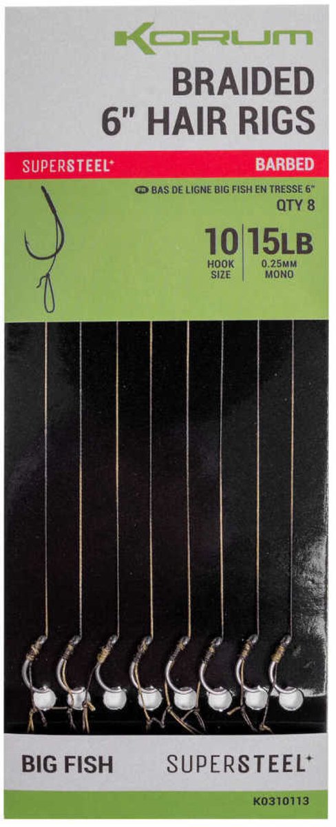 Korum Supersteel Big Fish Braided Hair Rigs 6 Barbless (8 pcs) - Maat : Haak 10 - 0.25mm van Korum — afbeelding 2