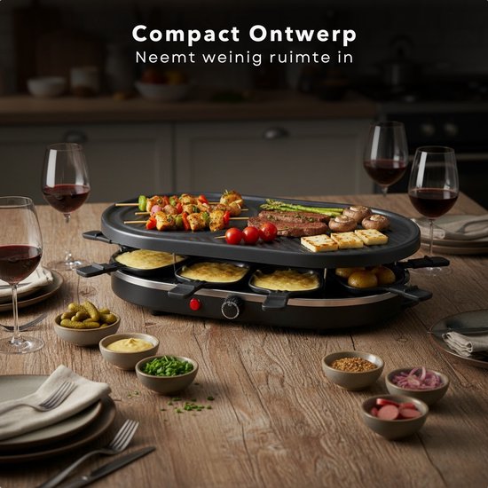 Cheqo® Raclette Grill 8 Personen - Compacte Raclette Grill - Stalen Grillplaat - Antiaanbaklaag - PFAS-Vrij - Gourmet - Gourmetten - Anti-Slip Voetjes - Houten Spatels - Eenvoudig Te Reinigen — afbeelding 2