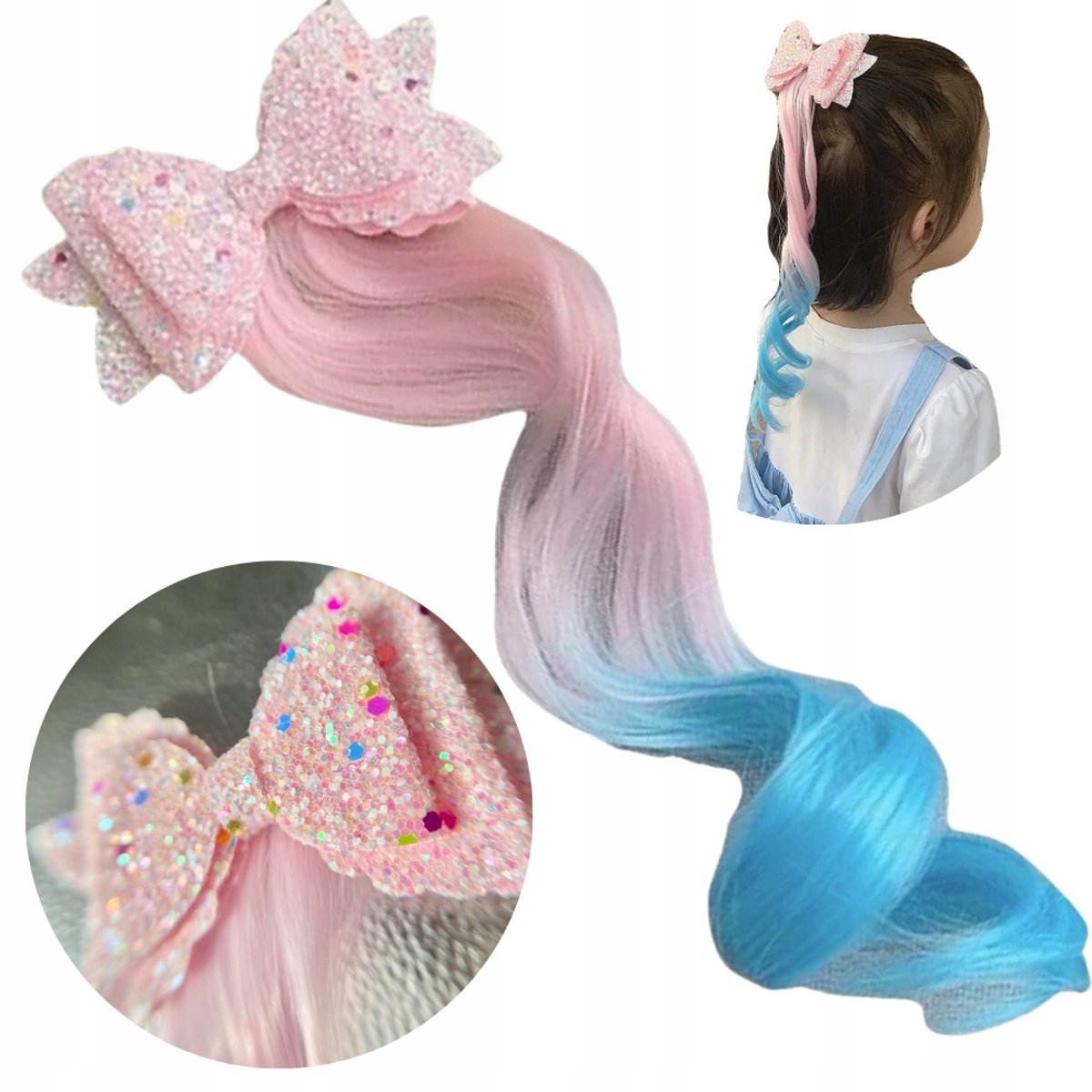 Haarclip met Ombre Haarstukje - Zeemeermin Roze Blauw Glitter Knit