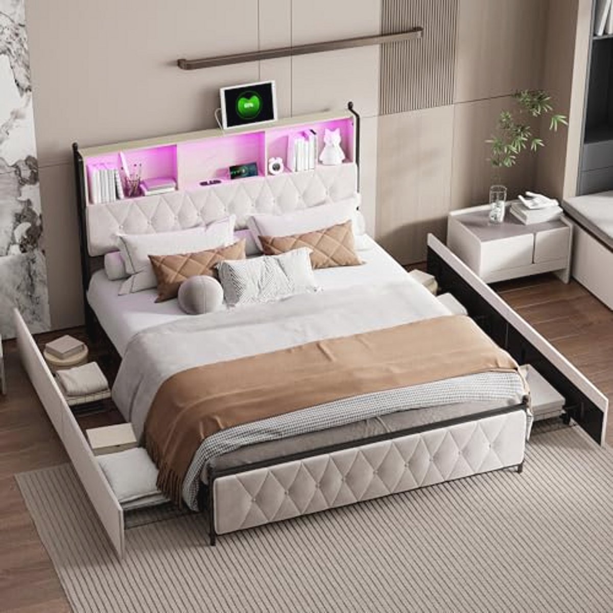Bedframe met 4 Opbergladen, Opgebouwd Tweepersoonsbed met LED Verlichting en USB Oplaadpoort, 180 x 200 cm