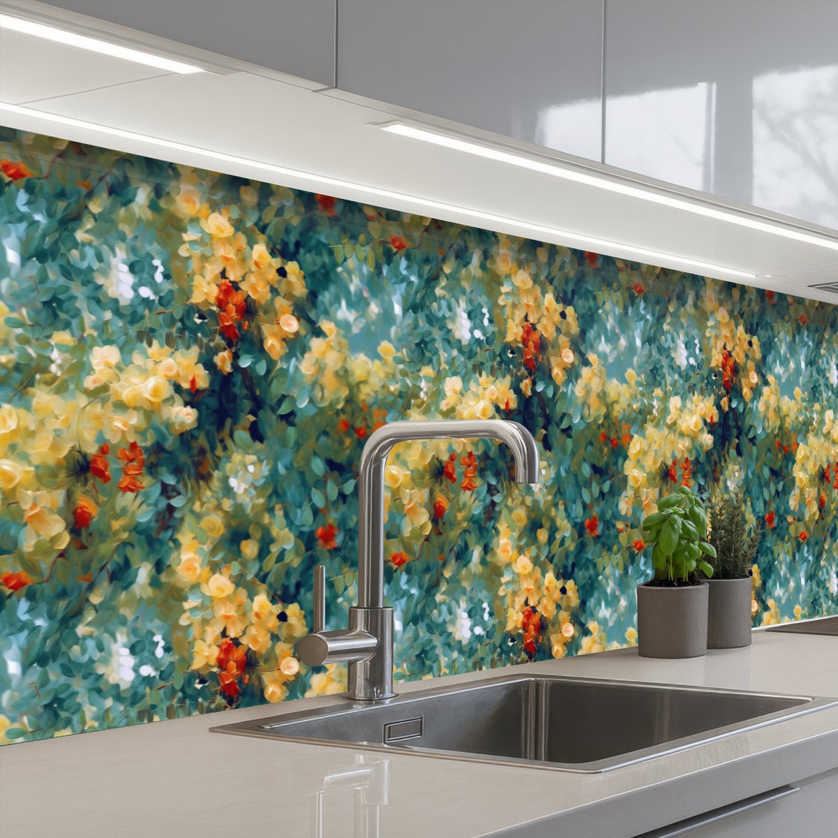 Keuken achterwand 250x80 cm - Spatscherm zelfklevend Geel - Bloemen - Groen - Bladeren - Muurbeschermer - Spatwand fornuis
