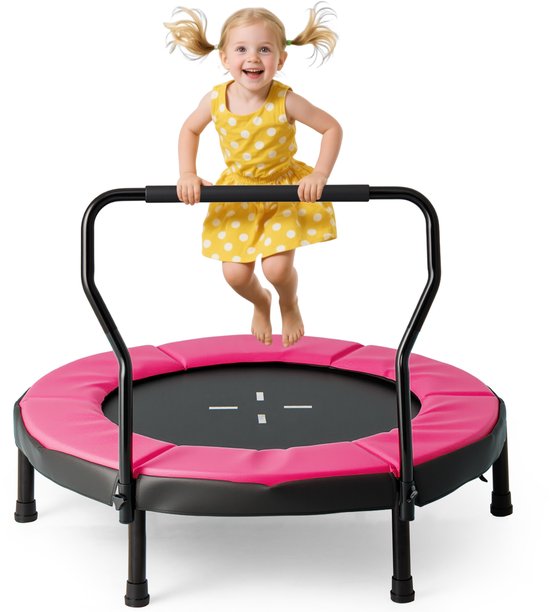 COSTWAY Ø 102 cm kindertrampoline, fitness trampoline indoor met afneembare handgreep, mini-trampoline tot 100 kg belastbaar, tuintrampoline outdoor voor kinderen van 3 tot 6 jaar