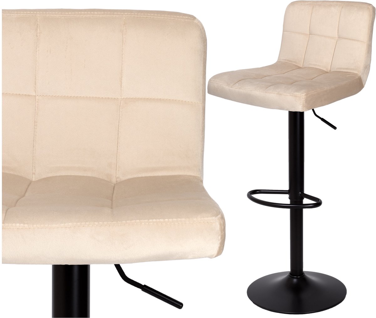 Verstelbare fluwelen barkruk Arako, draaibaar, beige/zwart