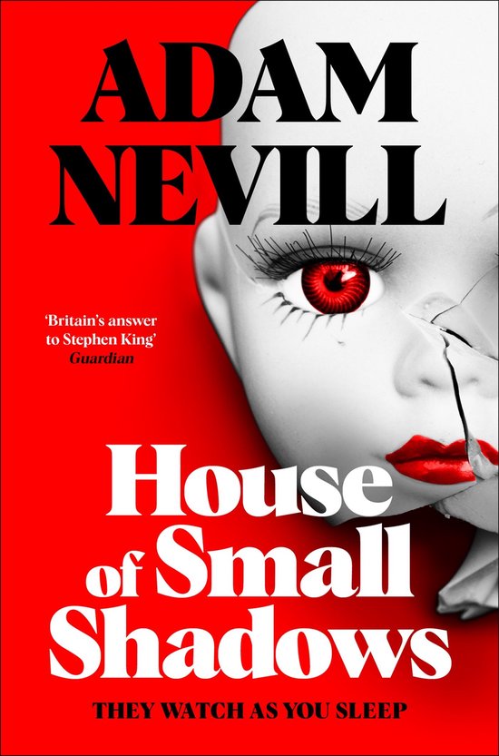 Boekcover met gebroken pop met rode ogen en lippen. Titel: House of Small Shadows van Adam Nevill.