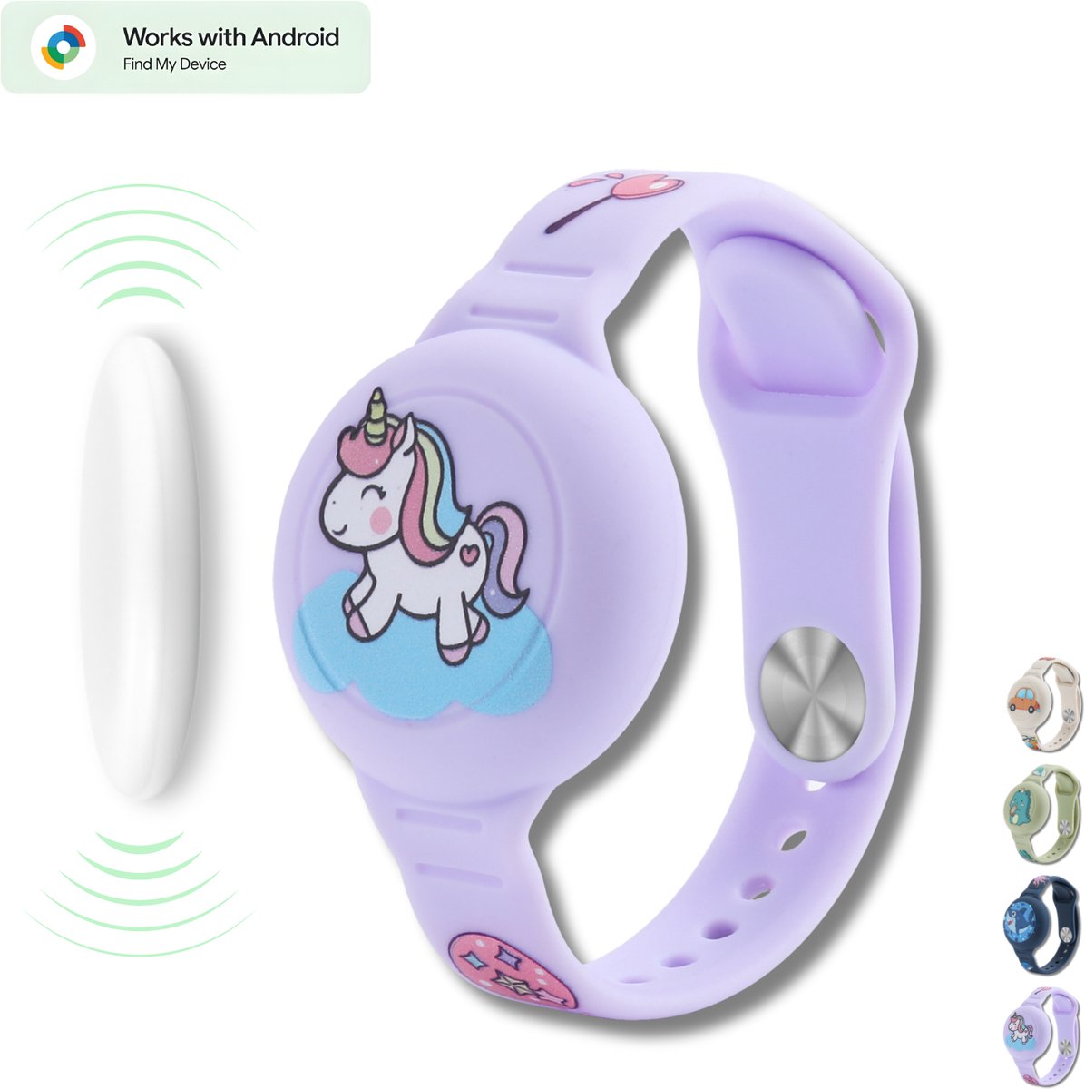 Tracker kind voor Android - Loshall - Compatibel met Android Find My - Armband inclusief tracker voor Android - Bluetooth tracker - Onbeperkte lokalisering - Google Find Hub - Met geluidssignaal - Waterdicht - Eenhoorn