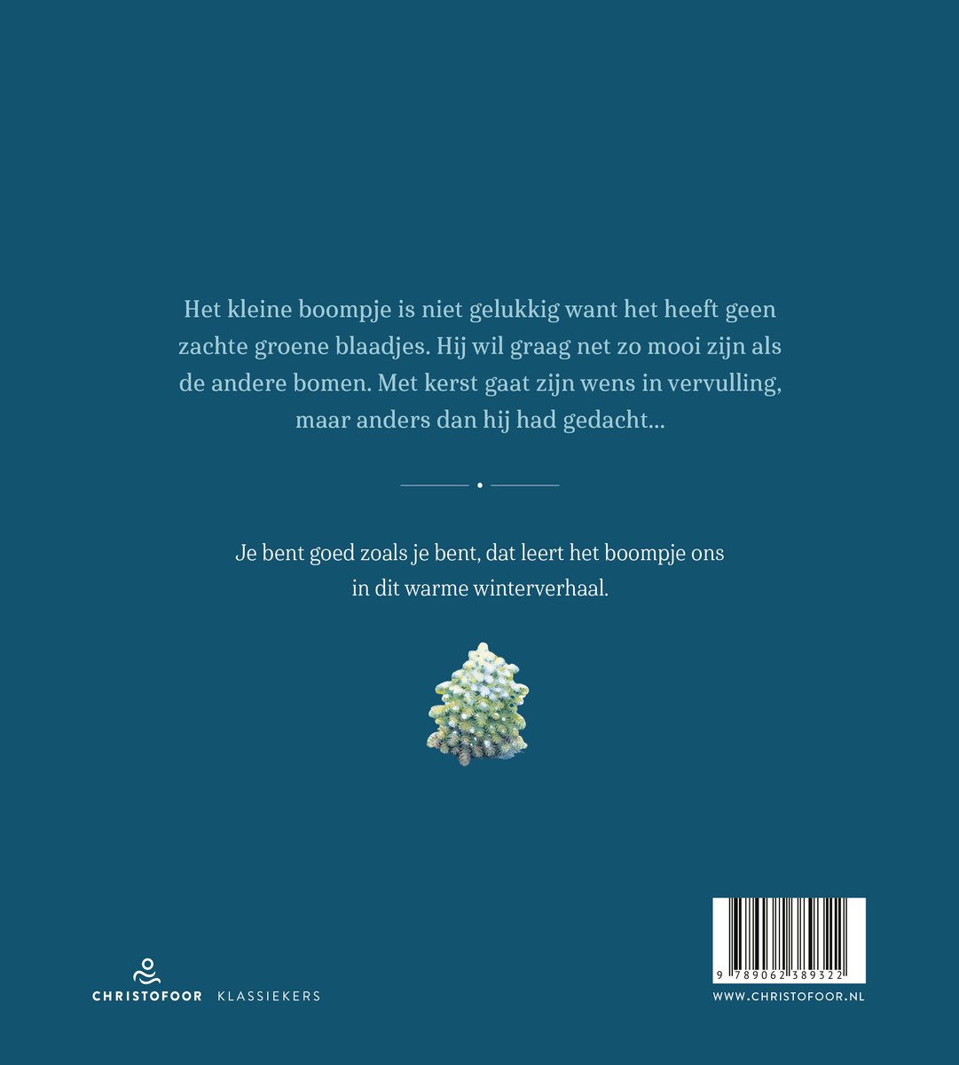 Achterkant van Het boompje met tekst en een illustratie van een kerstboom met witte bloemen.