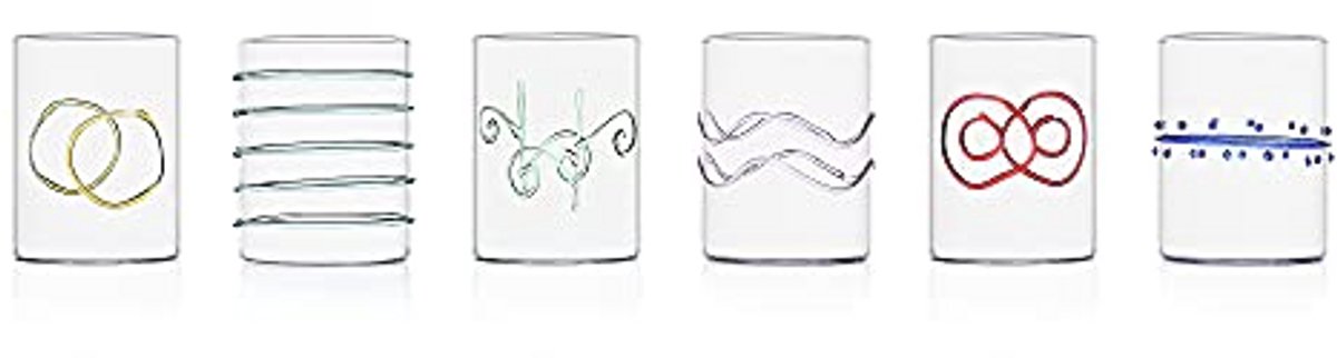 Set van 6 handgemaakte waterglazen in kleurige harlekijndesign