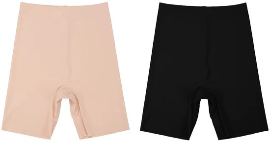 Een beige en een zwarte naadloze, corrigerende short met hoge taille, naast elkaar op een witte achtergrond.