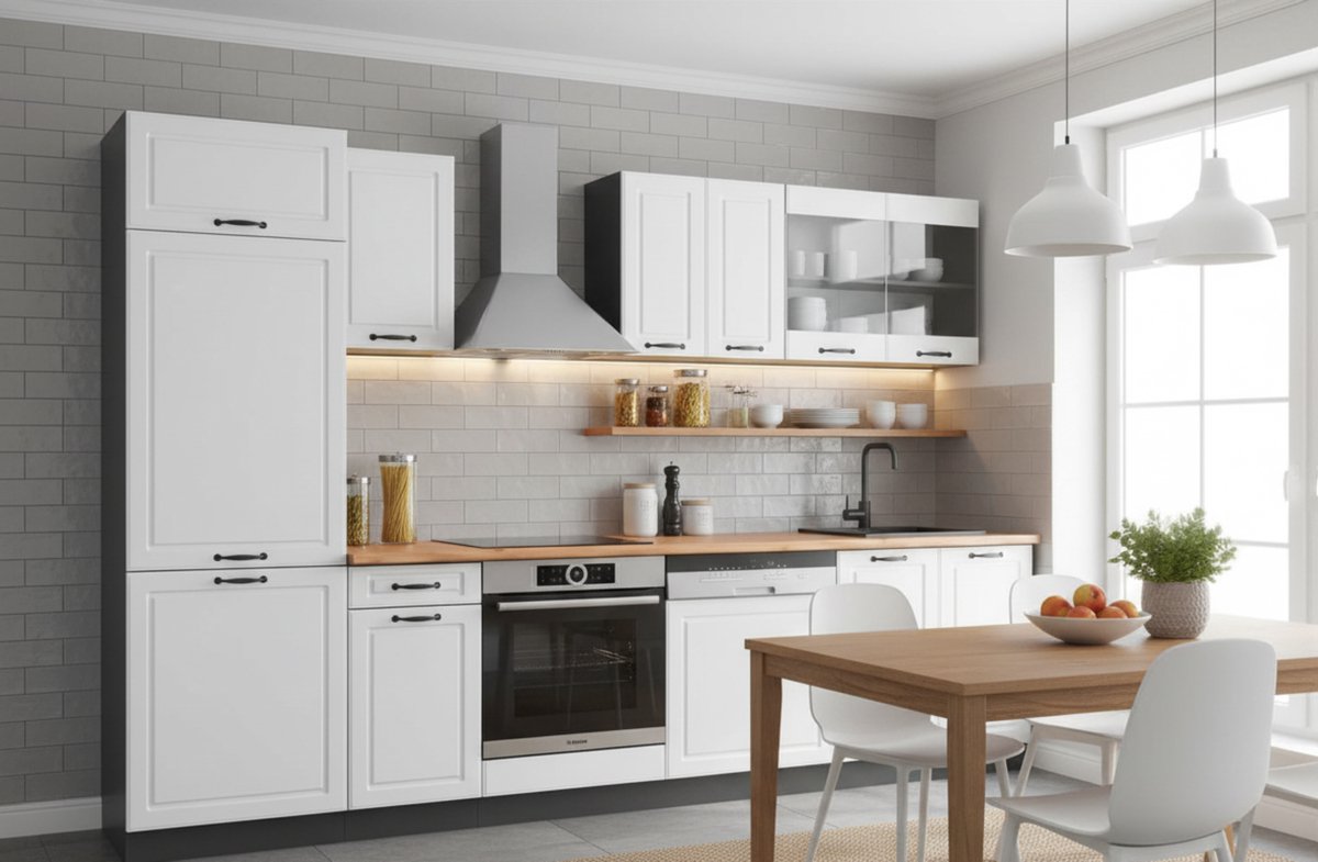 R-Line Keukenunit Keukenblok 300 cm wit landhuis/antraciet met Goldkraft eiken werkblad, modern design, verstelbare poten, stofdicht, onderkasten 46 cm diep – Novihome