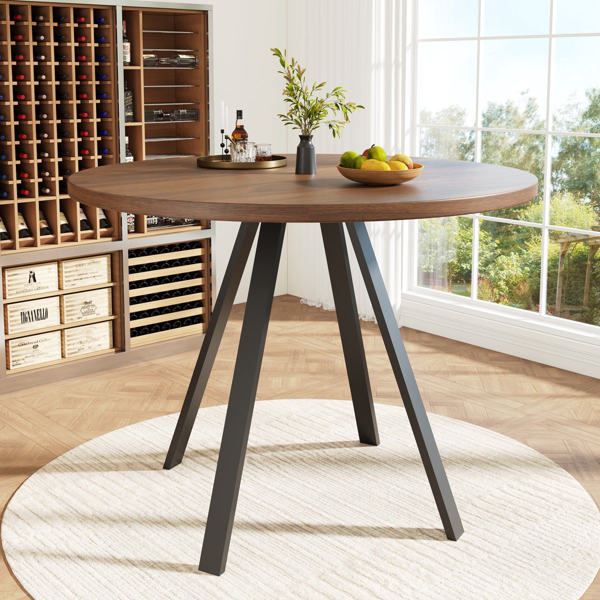 STILVORA Eettafels 80x80x75cm - Eettafel Rond met MDF Blad - Zwart Metalen Onderstel - MDF - Bruin