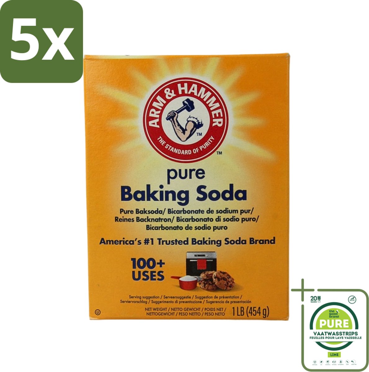 5 x Arm & Hammer - Baking Soda - Multifunctioneel - Biologisch Afbreekbaar - 454 g - Grootverpakking - Bakpoeder - Baking Soda - Schoonmaak - Natuurlijke Schoonmaak - Maagzuur