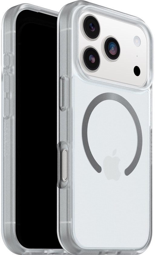 Hoekbeeld van een transparante OtterBox React hoes voor iPhone 17 Pro, met MagSafe ring.