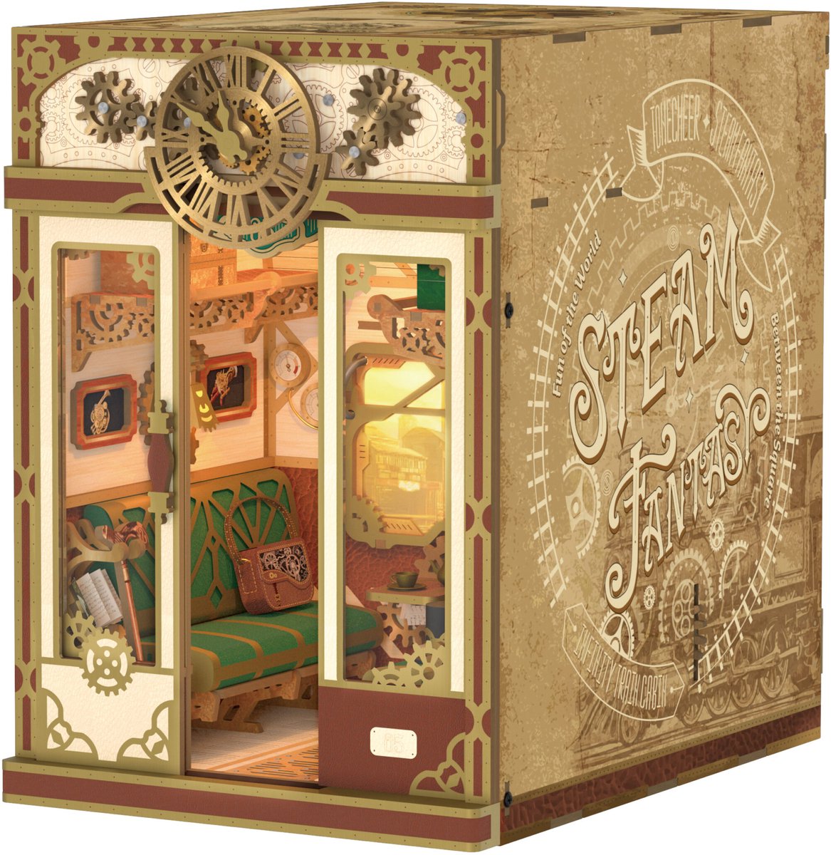 Tonecheer Steam Fantasy Book Nook Bouwpakket - Modelbouw - 15,8 x 22,4 x 22,5 cm - Houten 3D Puzzel - Boekensteun - LED-licht - Bewegingssensor Licht - Boekenhouder