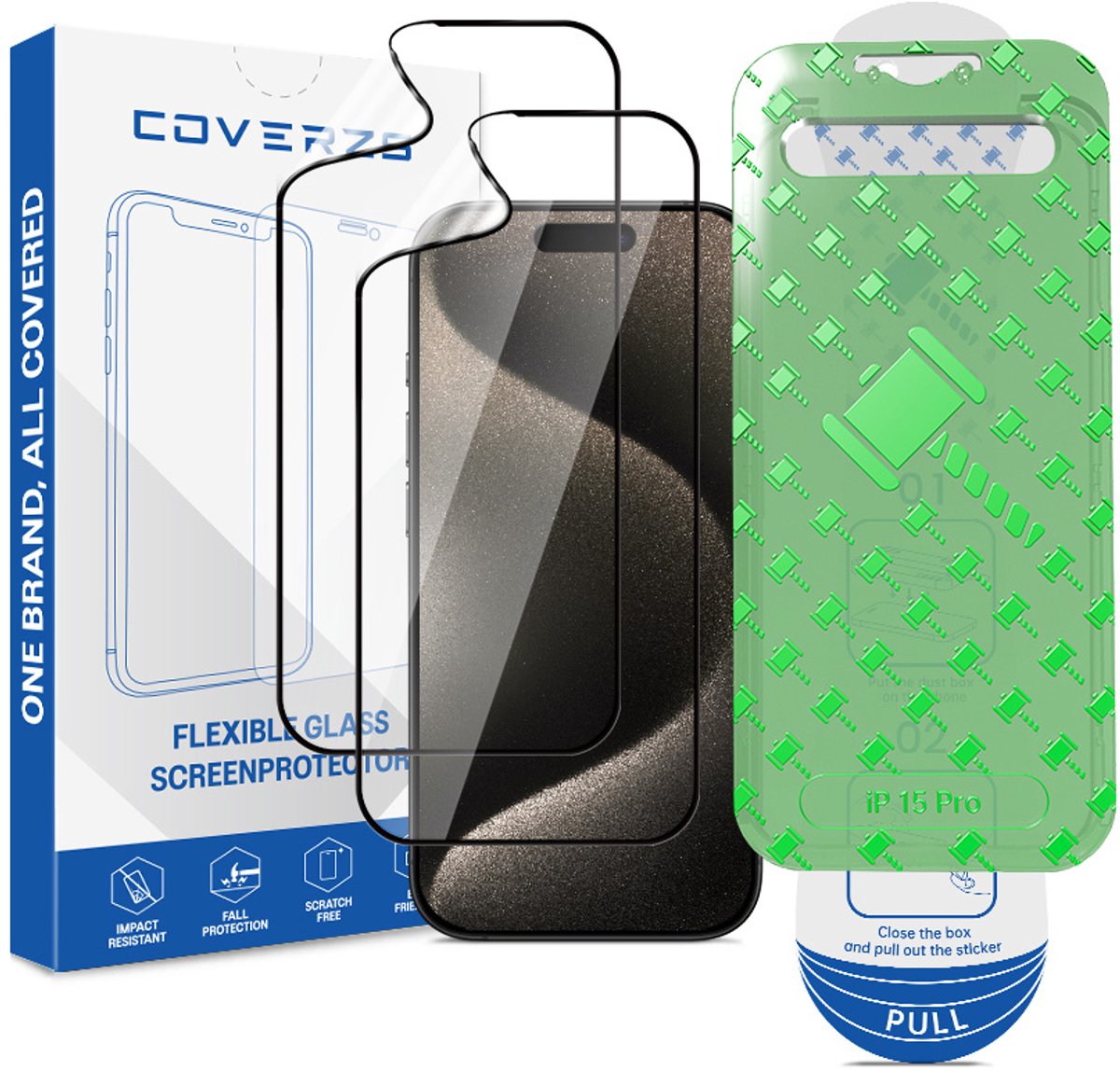 Coverzs Flexibel PMMA Glass Screenprotector met frame (2-pack) geschikt voor iPhone 15 Pro – Flexibel Glas – Beschermfolie met Montageframe – Krasbestendige Schermbescherming