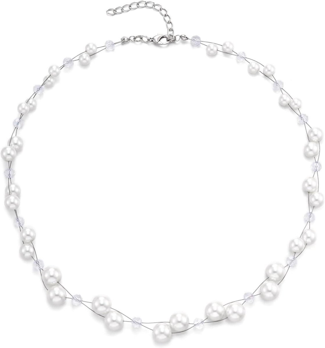Provento - Fijne Illusieketting met Zwevende Imitatieparels en Kristallen - Elegante Bruidssieraden
