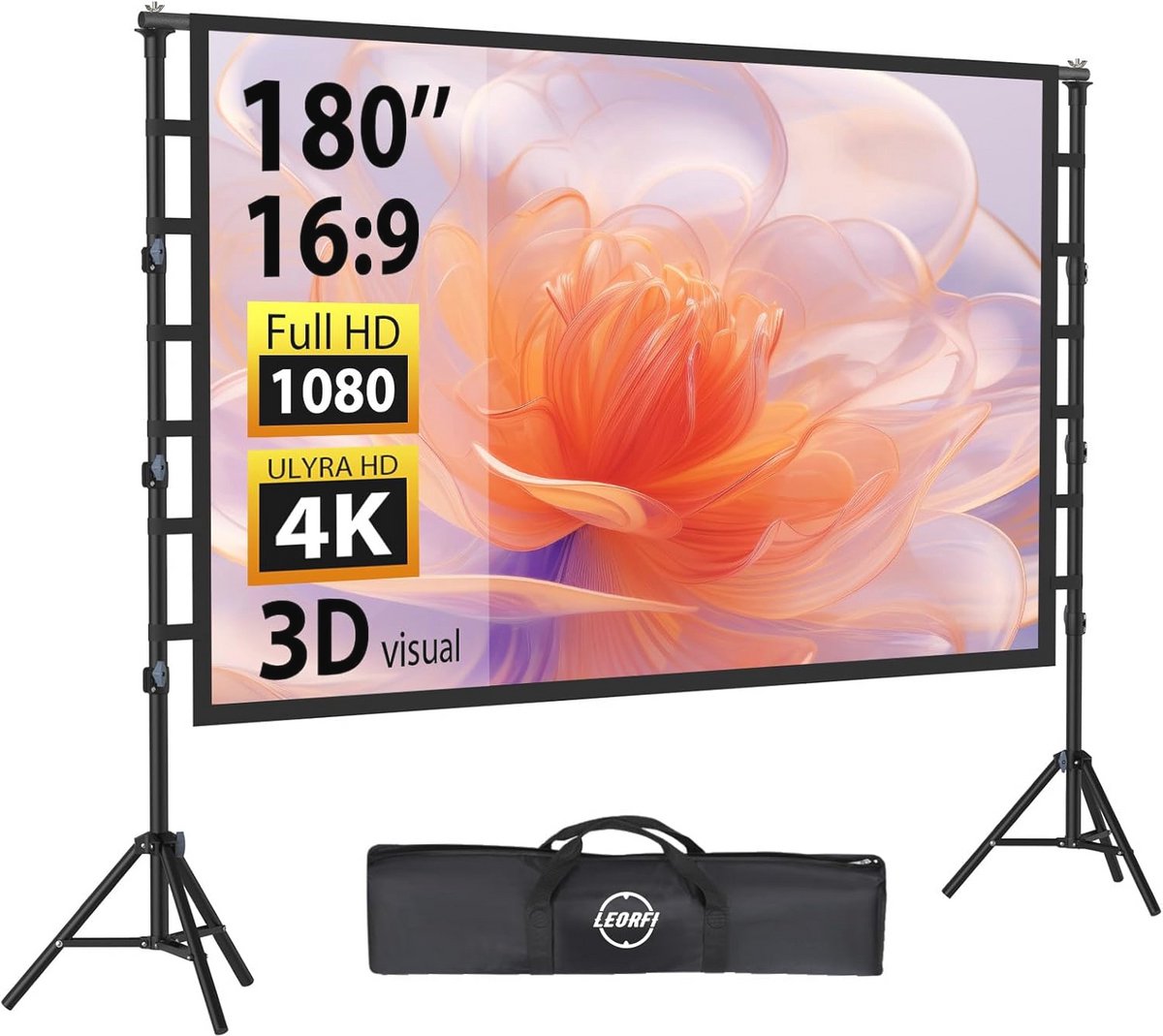 180 Inch Projector Screen met Statief - Draagbare Buiten Filmprojectie Scherm voor Binnen en Buiten - 16:9 4K Full HD Ondersteuning