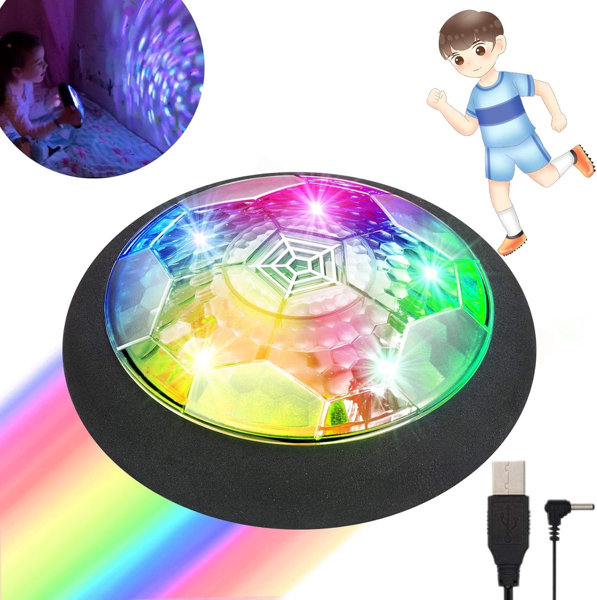 Gigicial Zwevende voetbal - Oplaadbare zwevende bal - Met glow-in-the-dark projector en schuimkussen - 1 stuk - Zwart voor kinderkamer